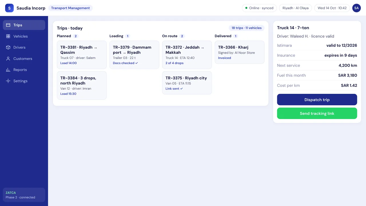 Saudia Incorp Transport Management System — screen