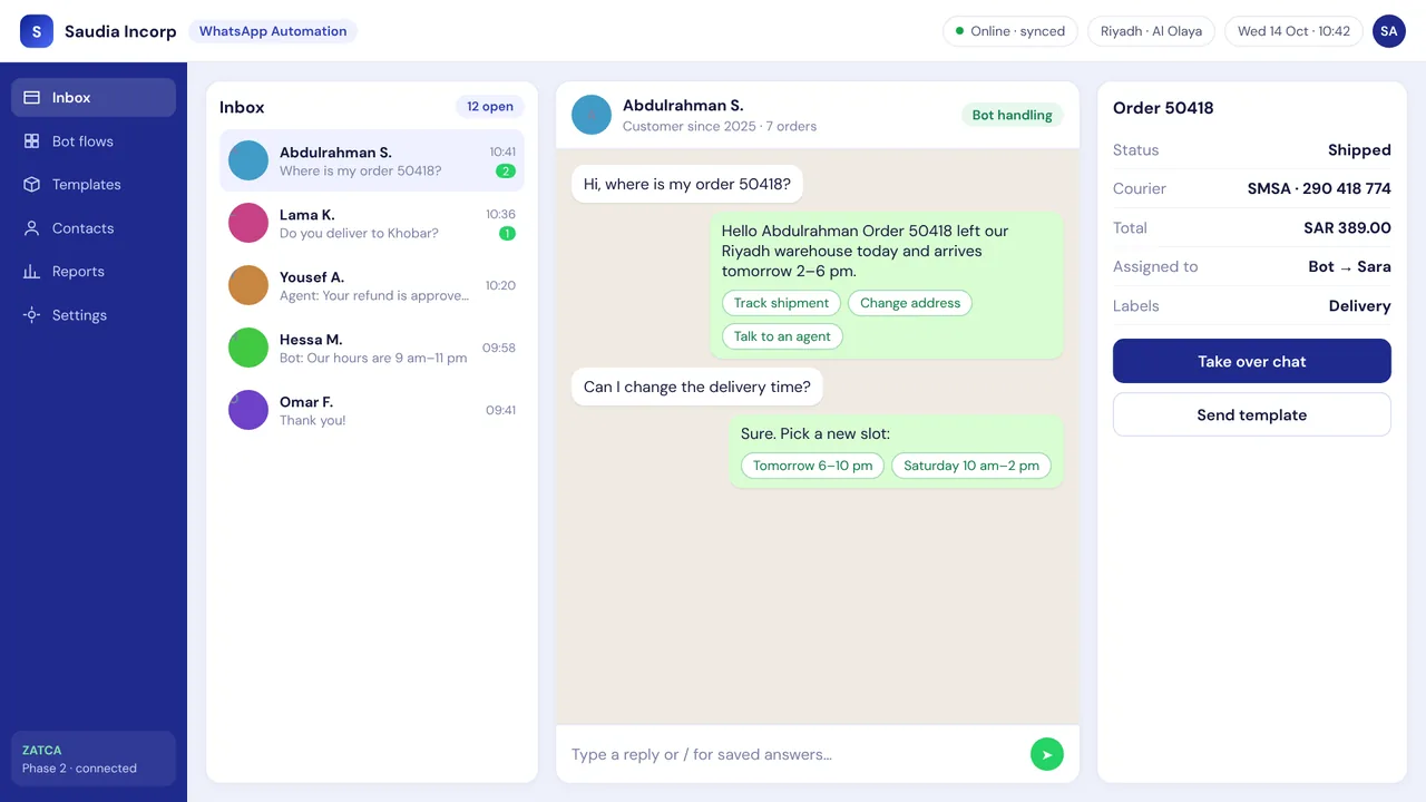 Saudia Incorp WhatsApp Customer Care Automation — screen